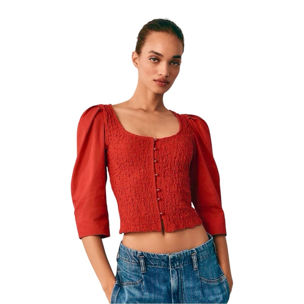 By Anthropologie Smocked Button Front Cardigan Top‎ Red Women’s XS Cropped